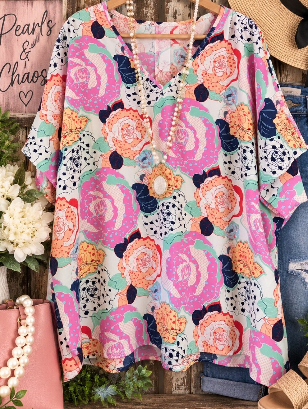 Entro 2X Colorful Floral V-Neck Relaxed Boho Blouse Made in USA